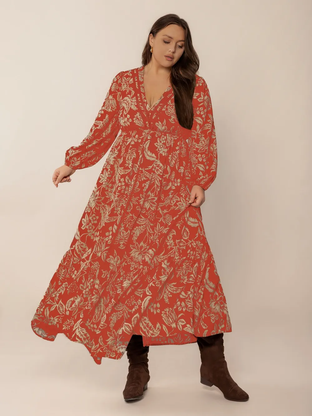 Plus Size Lace Detail Printed Balloon Sleeve Midi Dress, image 8