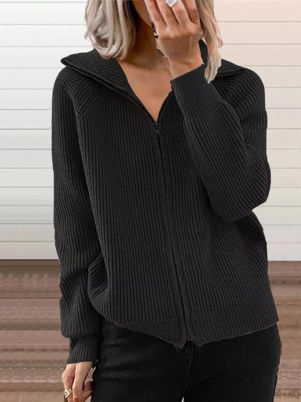 Full Size Ribbed Knit Zip-Up Outerwear Plus Size