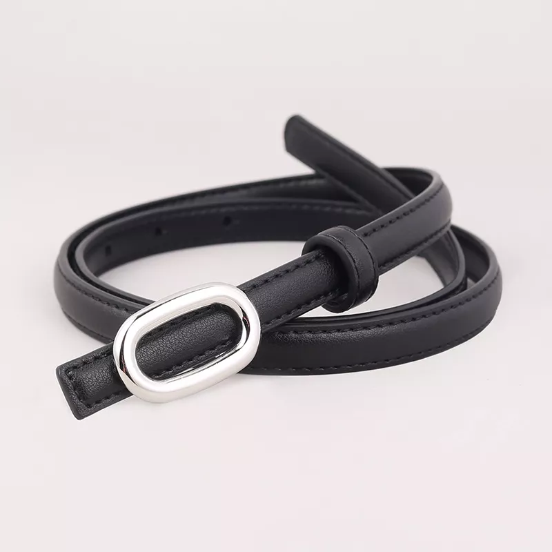 Skinny Leather Belt with Oval Buckle