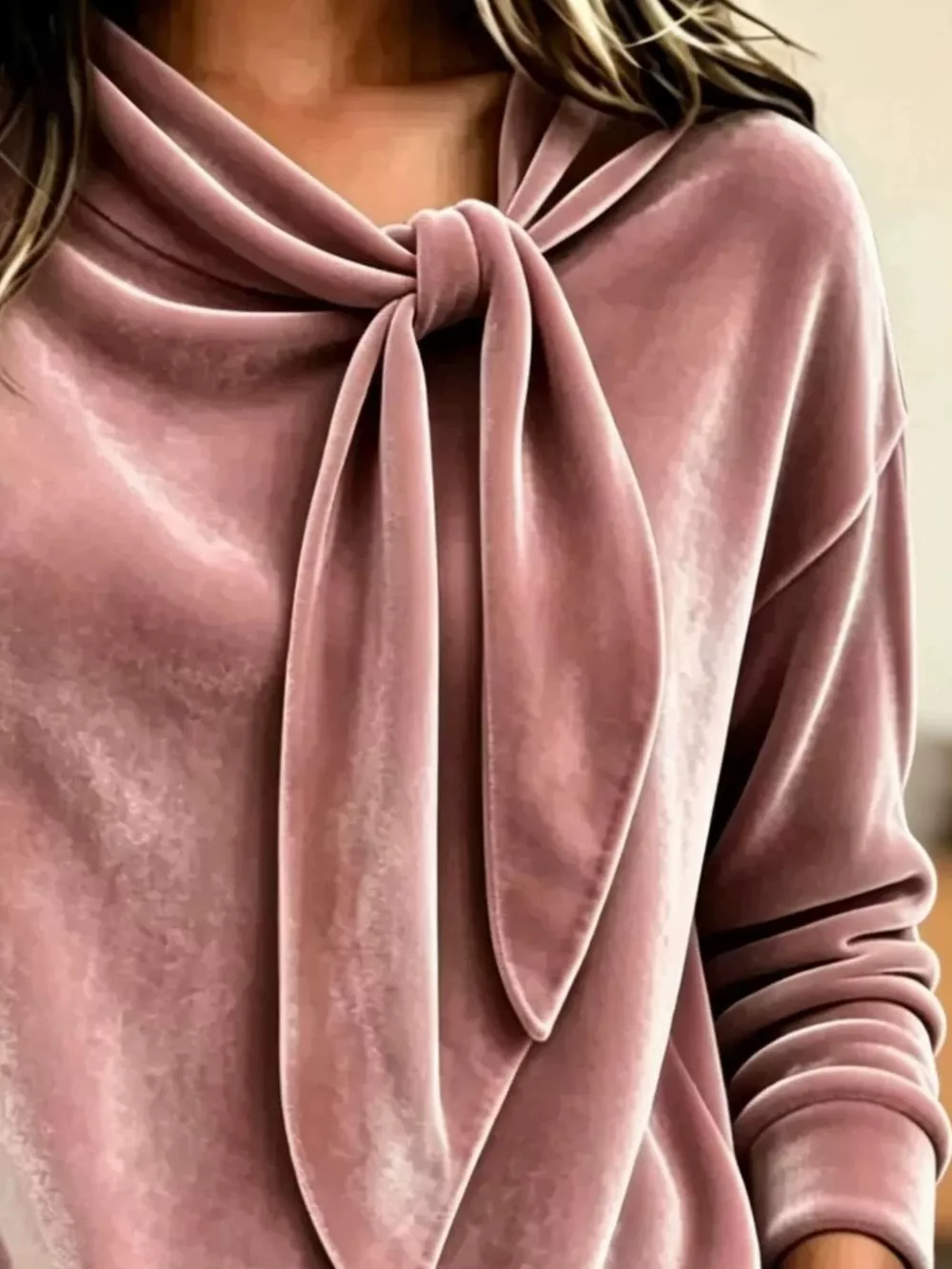 Velvet Tie-Neck Long Sleeve Sweatshirt, image 4