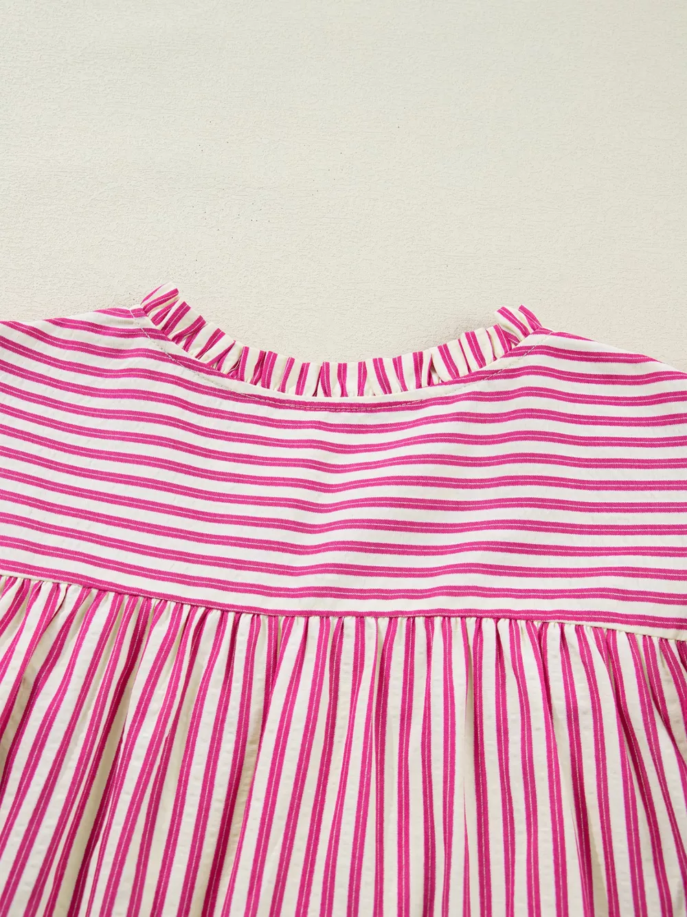 Stripe Shirred Yoke Ruffled Short Sleeve Blouse, image 10