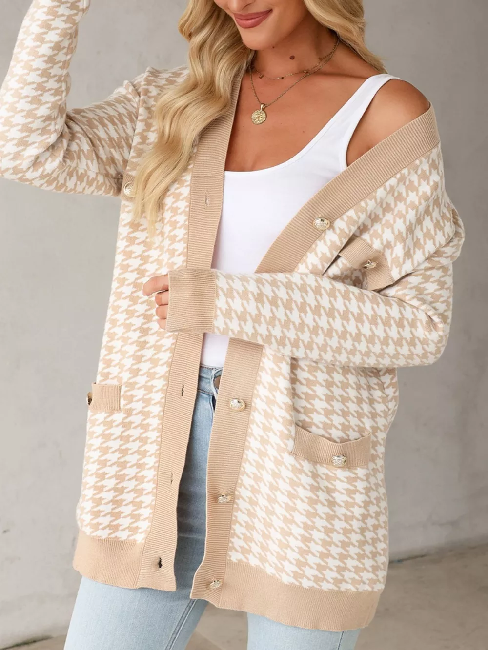 Contrast Edge Metal Button Slim Cardigan with Pockets, image 3