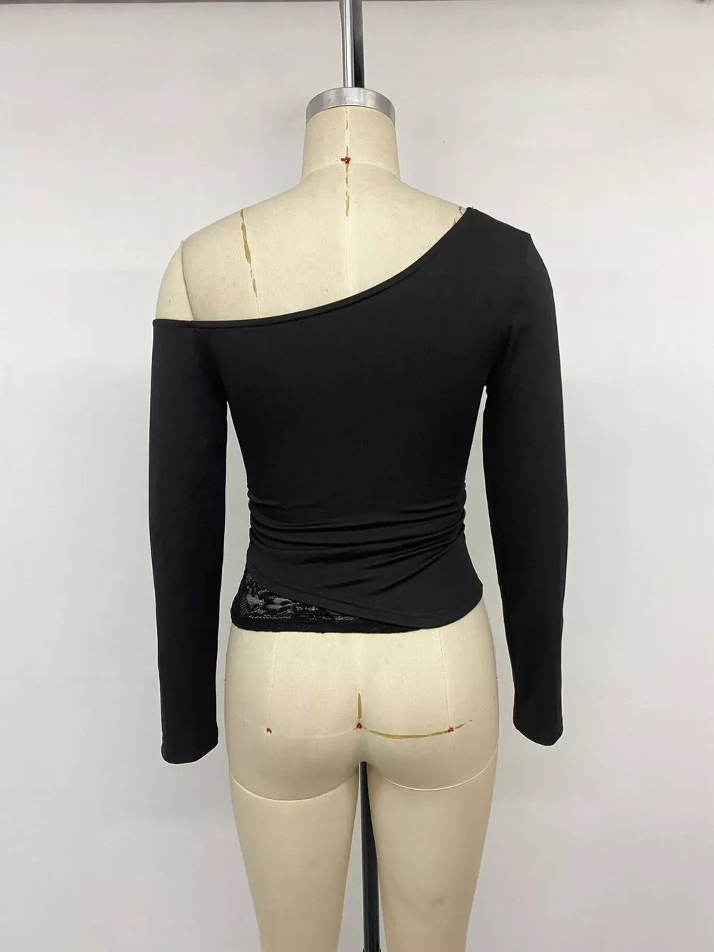 One-Shoulder Lace Trim Slim Fit T-Shirt, image 13