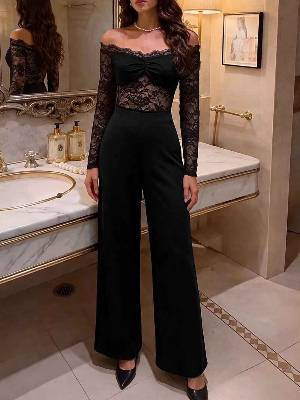 Off-Shoulder Lace Long Sleeve Wide-Leg Jumpsuit, image 5
