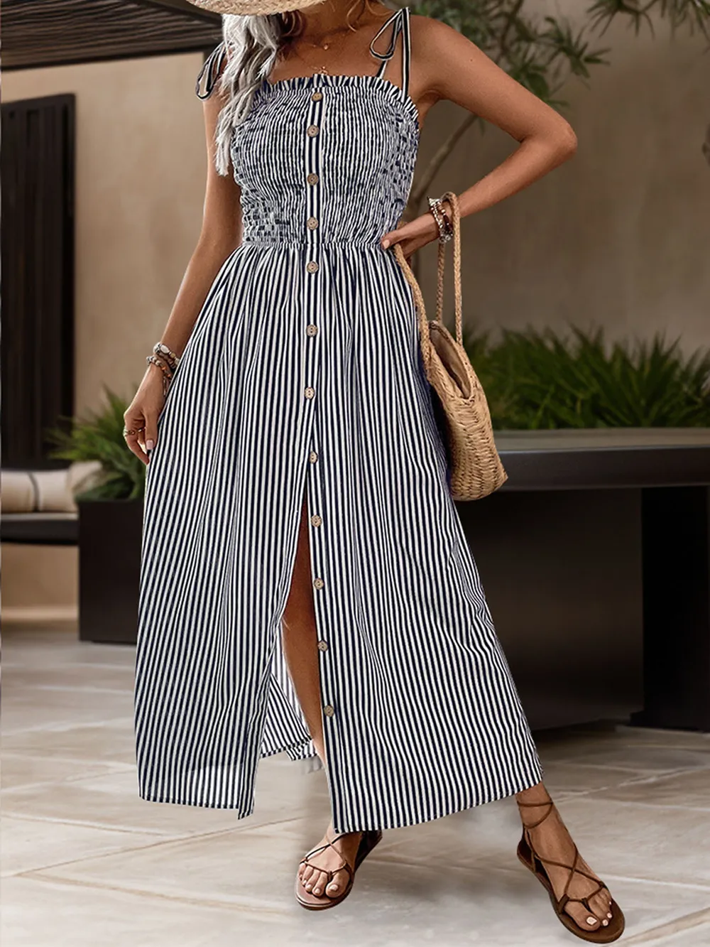 Tied Smocked Striped Sleeveless Midi Dress, image 5