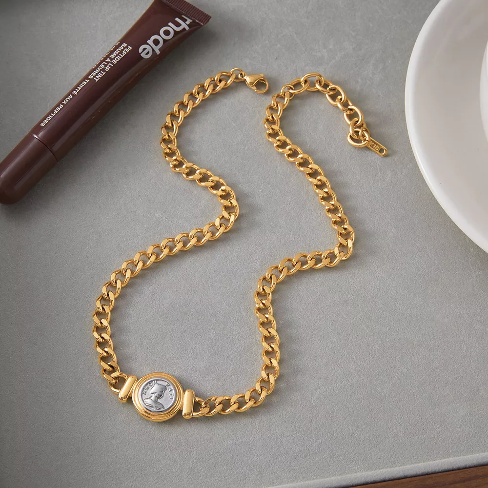 18K Gold-Plated Vintage Coin Charm Curb Chain Necklace, image 9