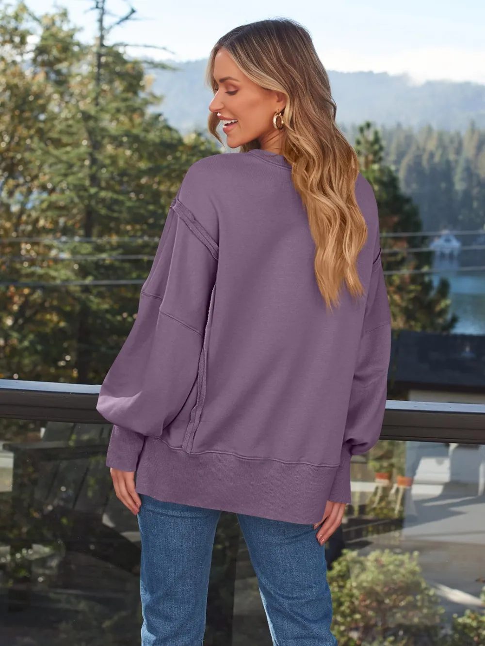 Slit Round Neck Long Sleeve Sweatshirt, image 18