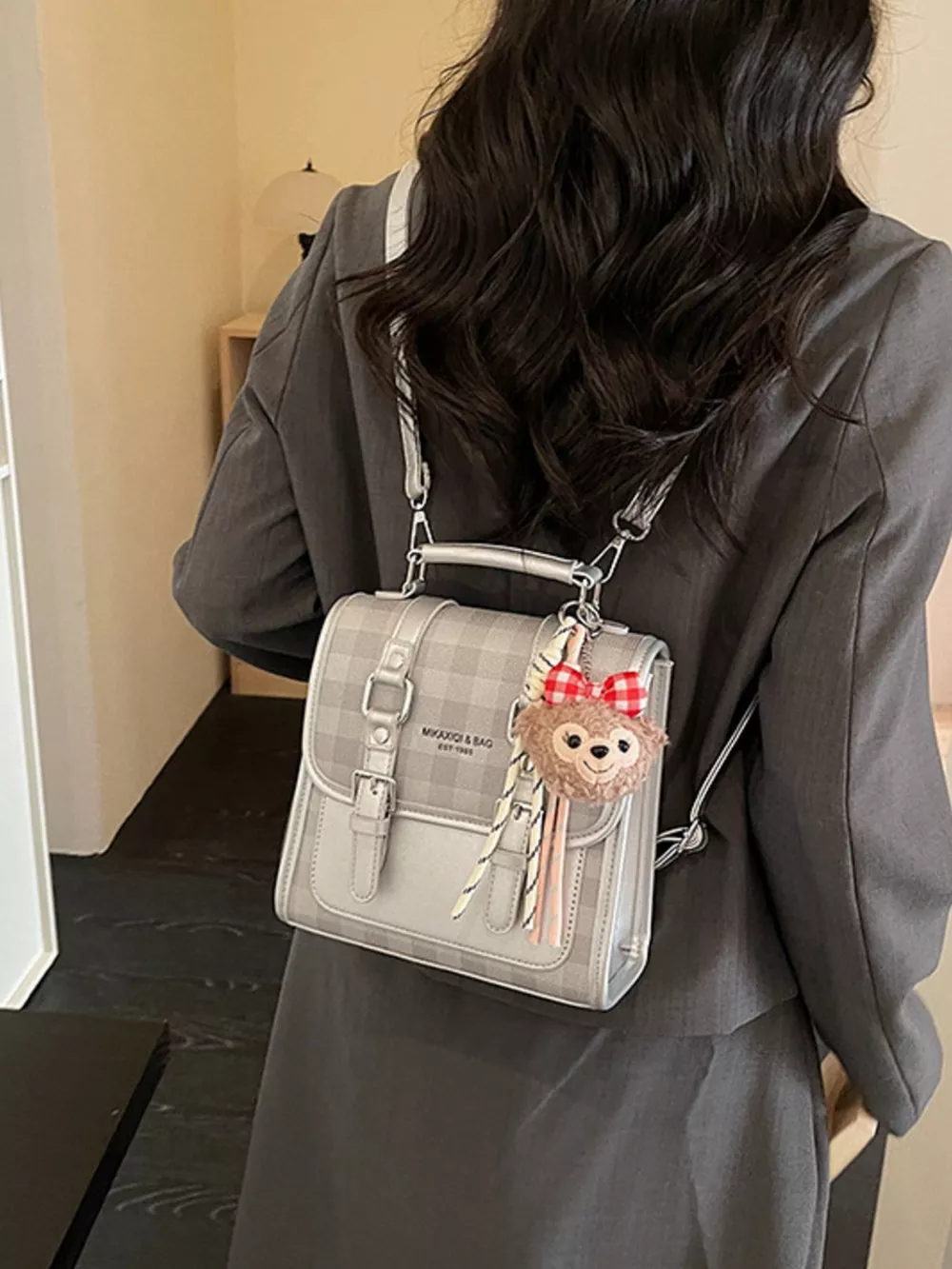 Plaid Backpack Bag with Charm, image 3