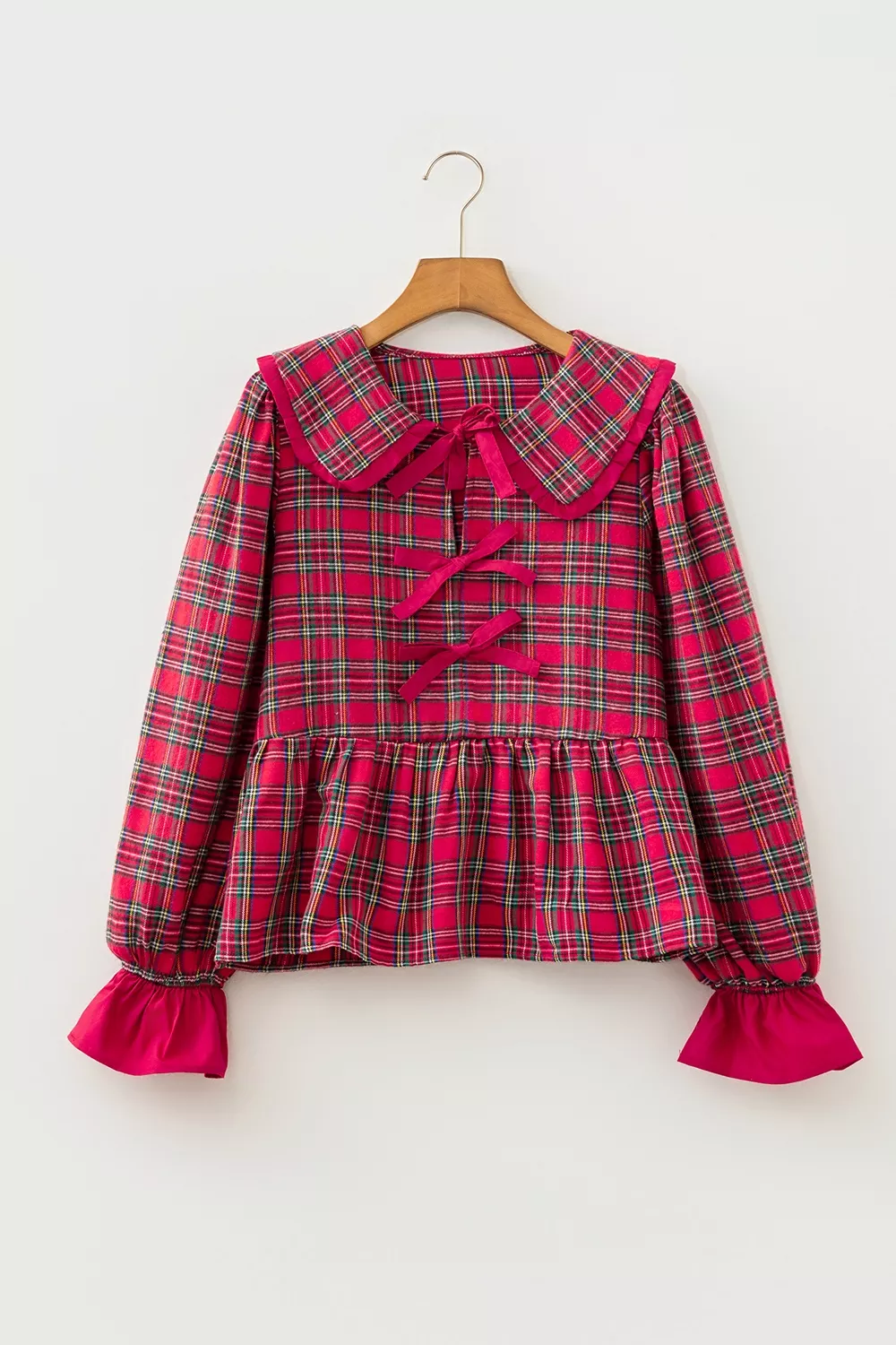 Plaid Tie Neck Ruffle Cuffs Long Sleeve Shift Blouse, image 6