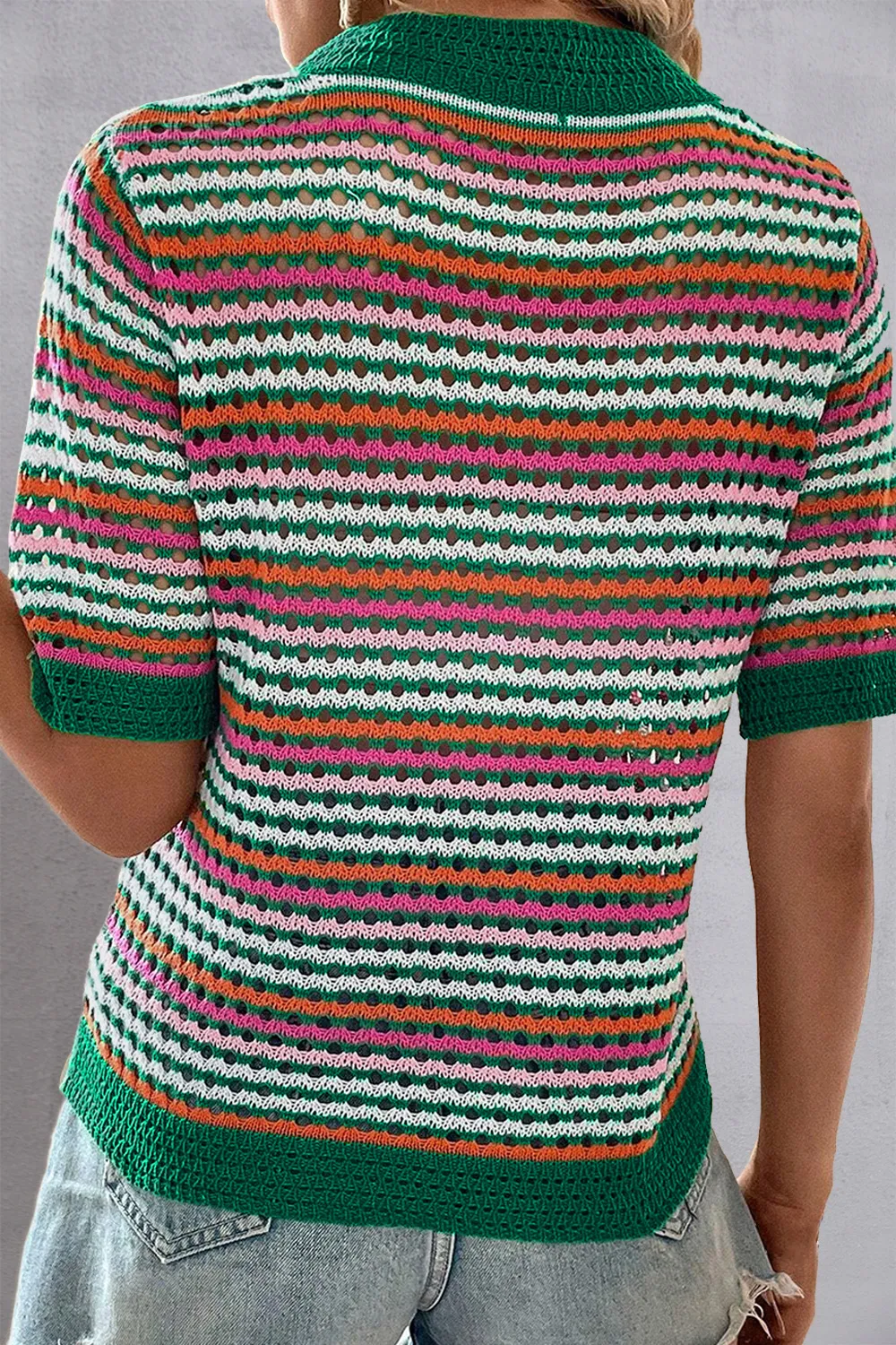 Openwork Striped Short Sleeve Knit Top, image 3