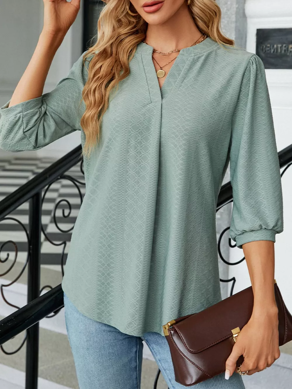 Notched 3/4 Sleeve Casual Top, image 14