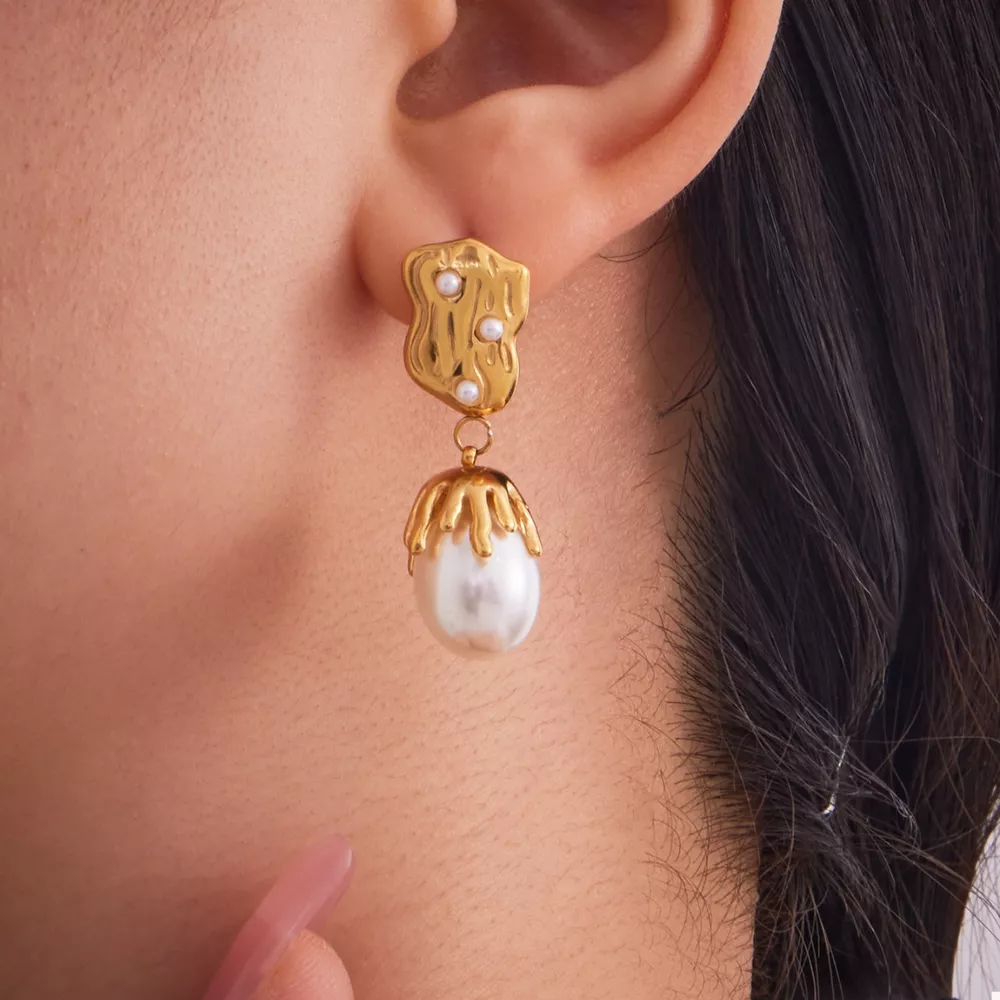 18K Gold-Plated Synthetic Pearl Drop Earrings, image 2