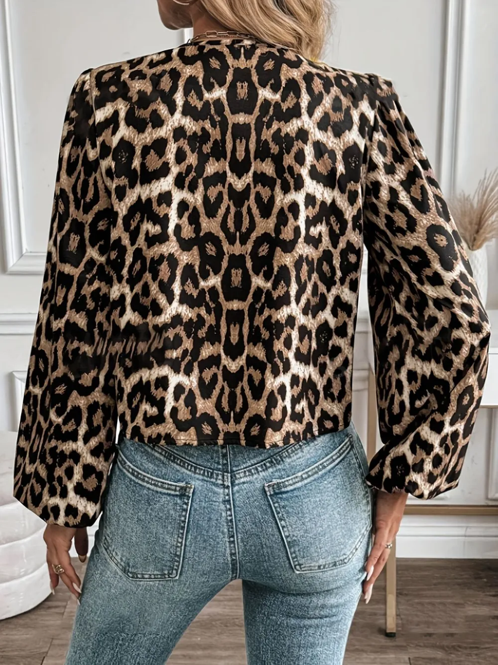 Tied Leopard Round Neck Long Sleeve Top, image 2