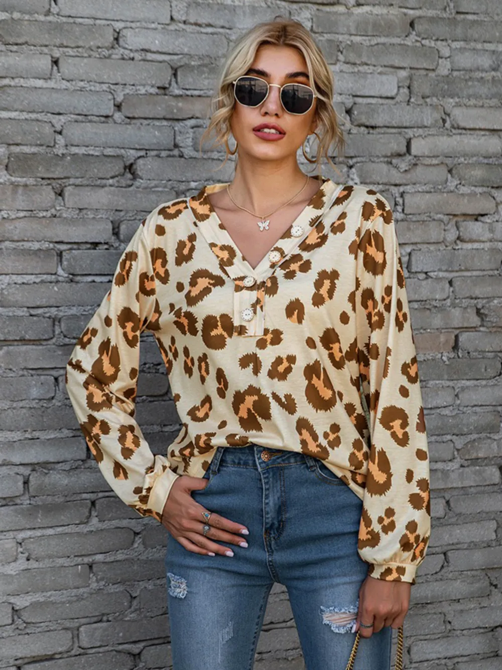Leopard V-Neck Decorative Button Long Sleeve Blouse, image 3