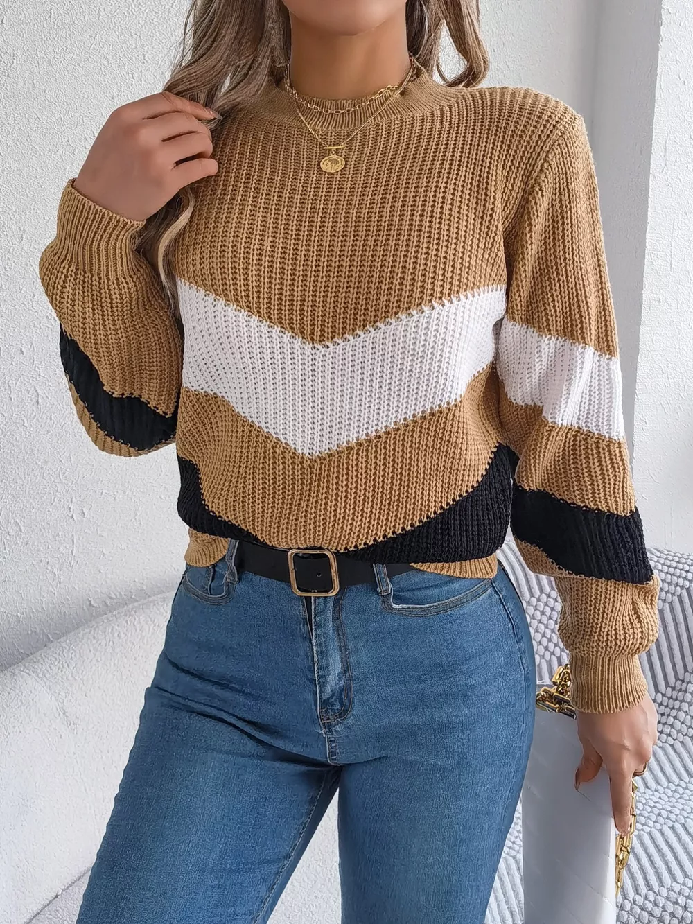 Chevron Stripe Color Block Round Neck Sweater, image 16