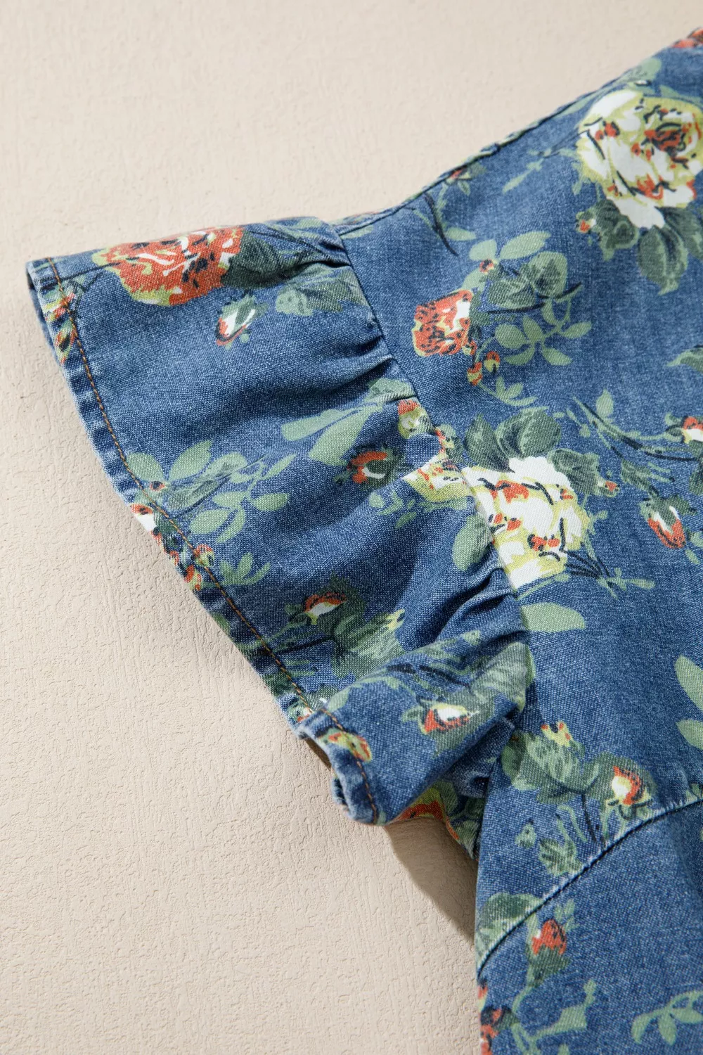 Ruffled Short Sleeve Floral Denim Top, image 5