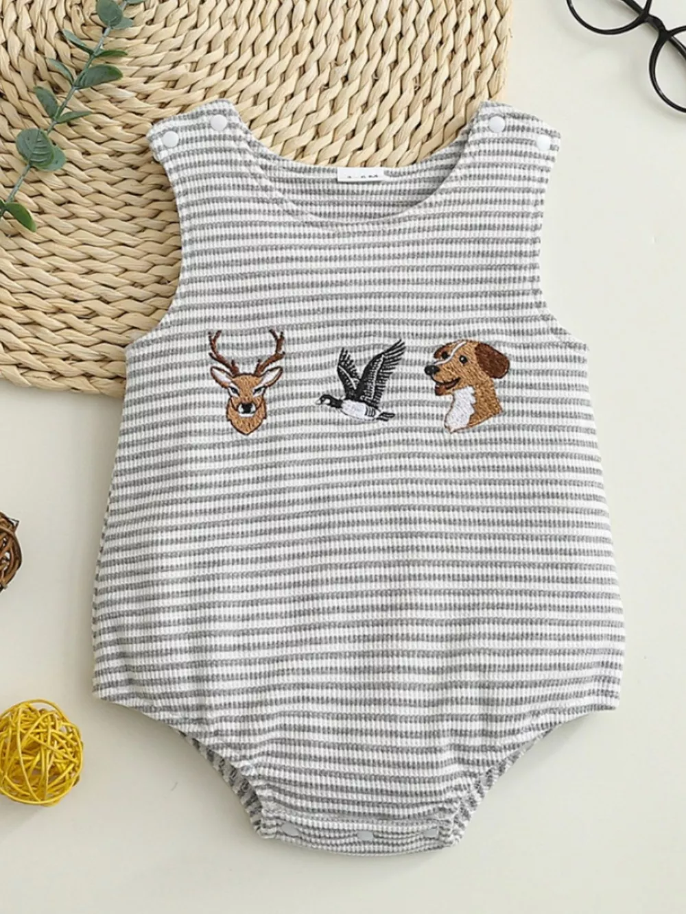 Children's Striped Embroidered Animal Sleeveless One-Piece