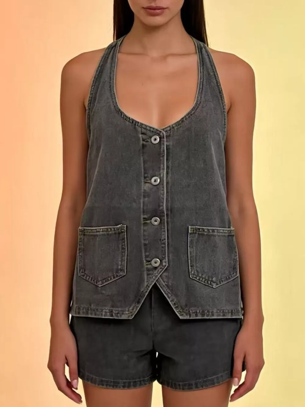 Halter Neck Button-Down Denim Vest, image 18