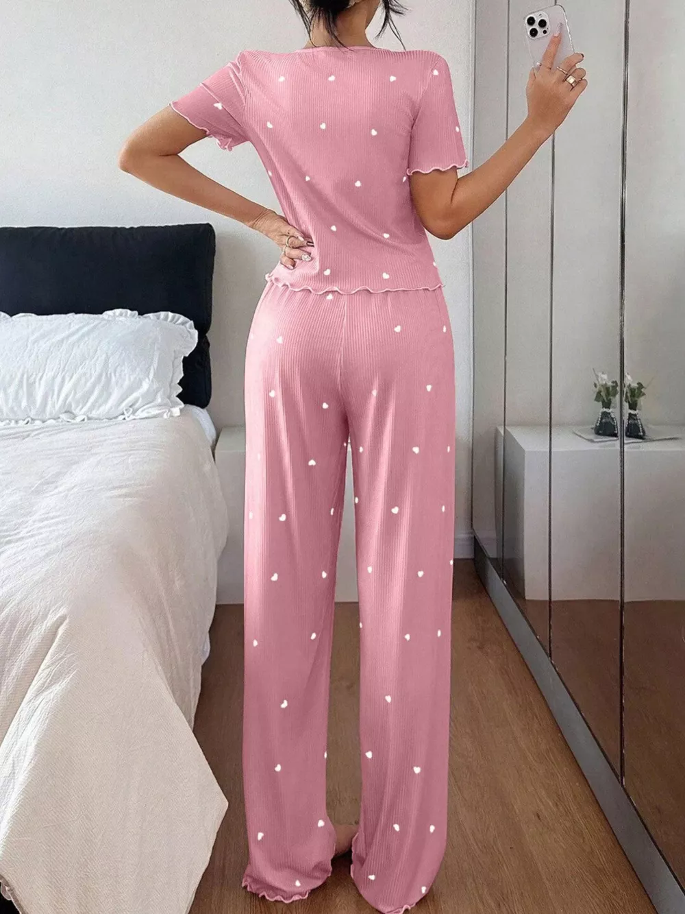 Heart Print Lettuce Trim Top and Pants Loungewear Set, image 5