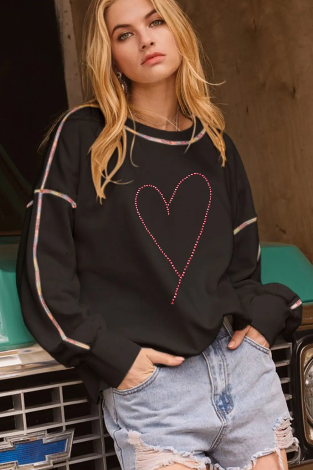 Valentine’s Day Rhinestone Heart Round Neck Long Sleeve Sweatshirt, image 6