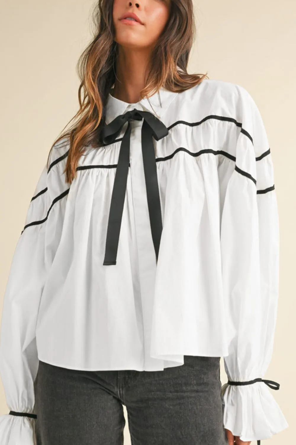 Ribbon Bowtie Collared Neck Flounce Sleeve Shirt, image 11