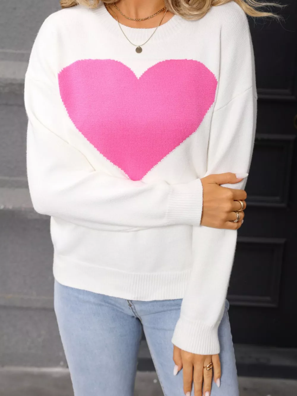 Valentine's Day Heart Round Neck Dropped Shoulder Sweater, image 3