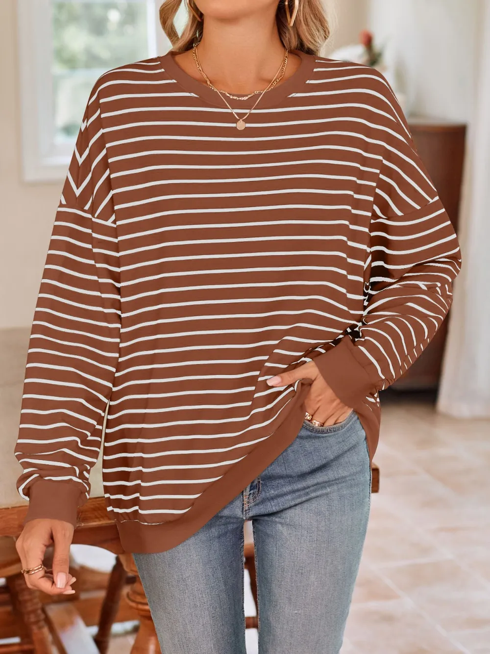 Striped Round Neck Long Sleeve Sweatshirt, image 22