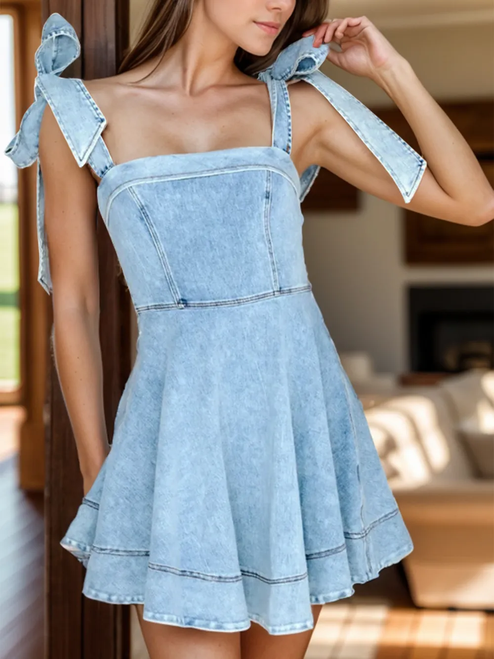 Square Neck Tie Shoulder Denim Dress, image 6