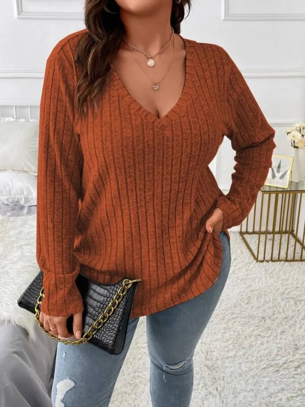 Plus Size V-Neck Long Sleeve T-Shirt, image 12