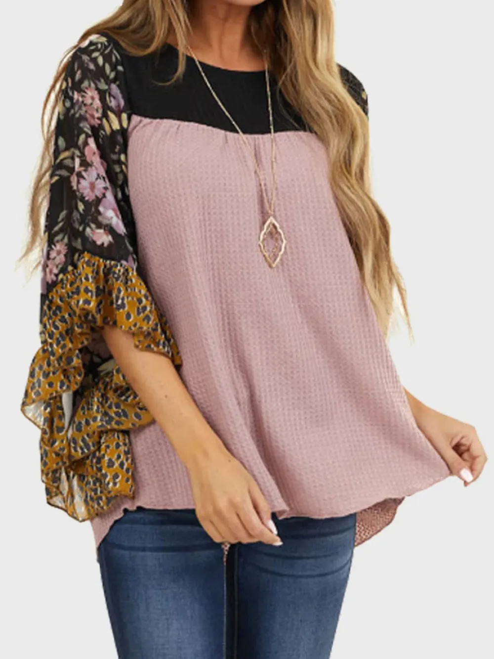 Full Size Printed Round Neck Three-Quarter Sleeve Blouse, image 23