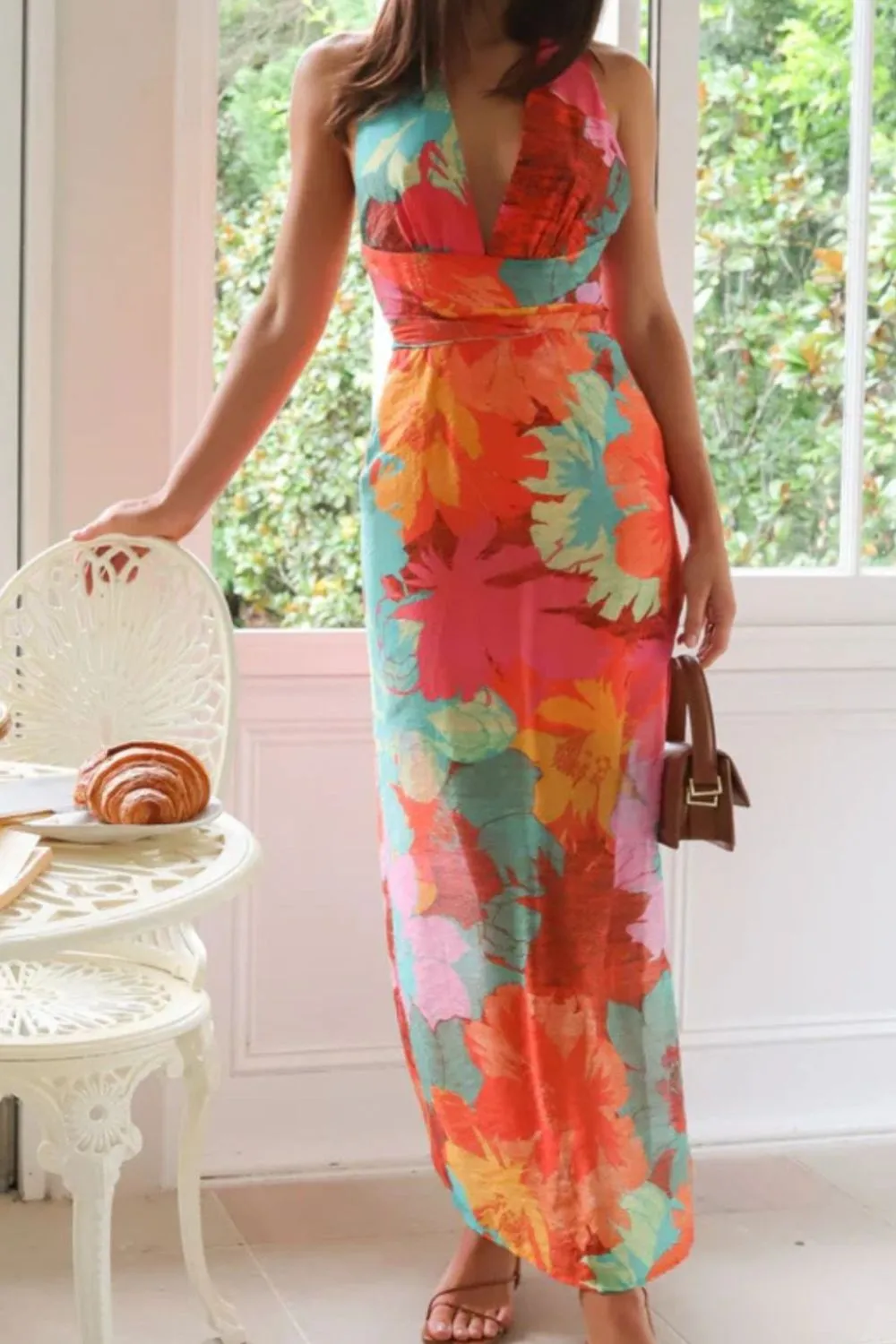 Split Crisscross Back Printed Plunge Maxi Dress, image 6
