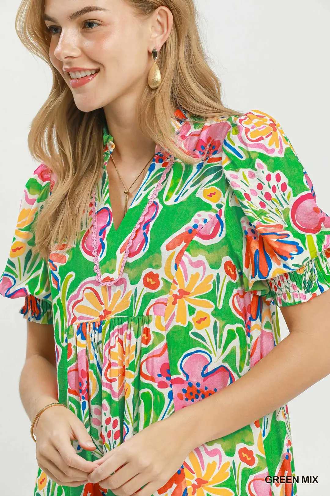 Floral Print Puff Sleeve Tiered Midi Dress, image 5