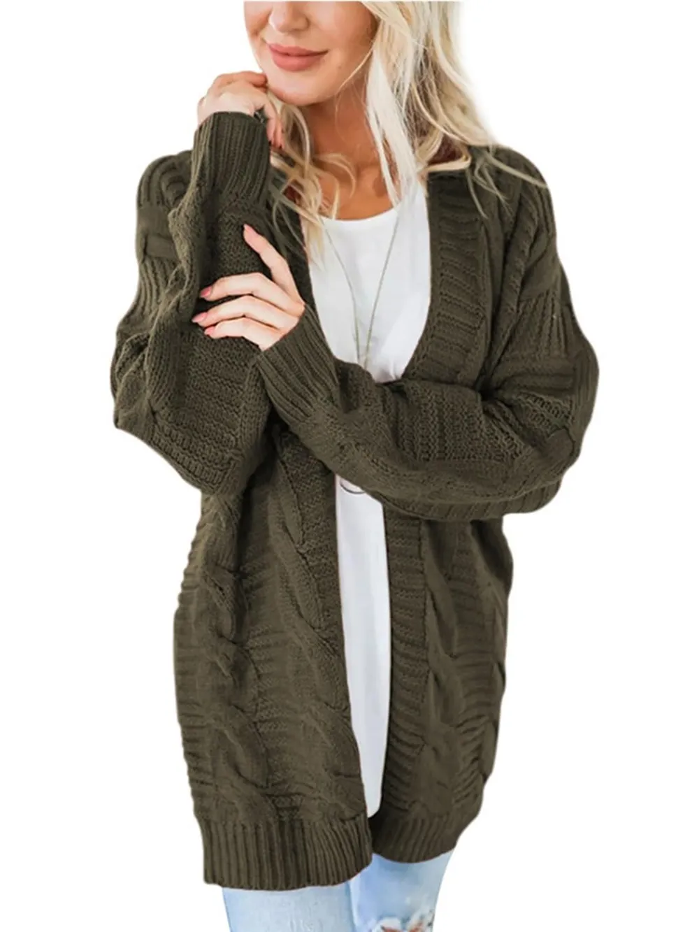 Cable-Knit Open Front Long Sleeve Cardigan, image 3