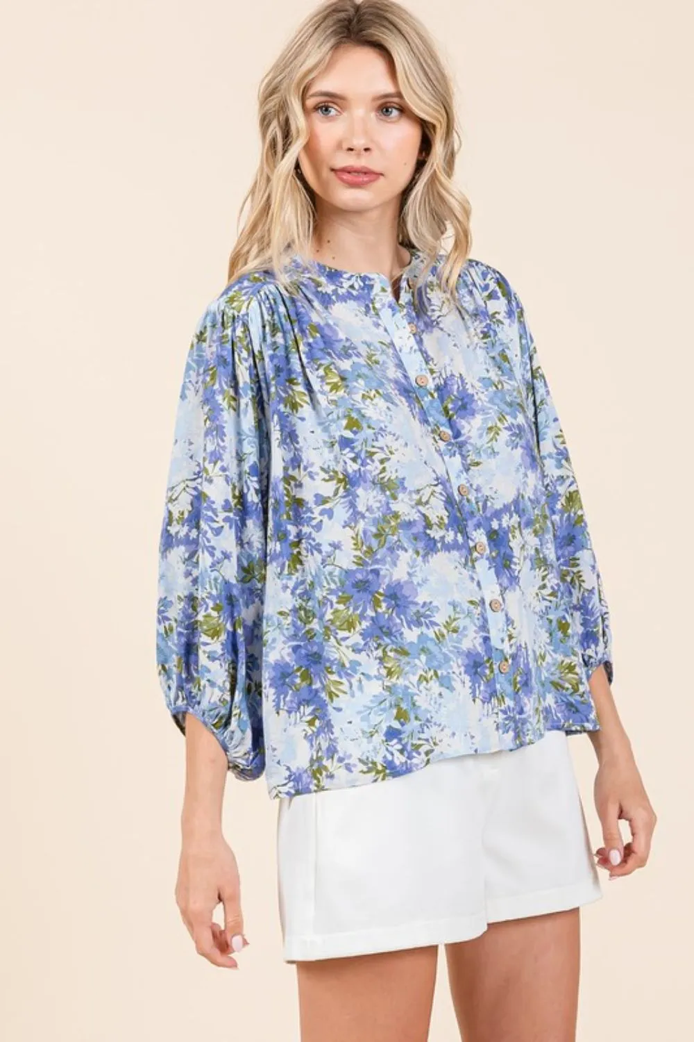 Flower Print Batwing Sleeve Button Down Blouse, image 6