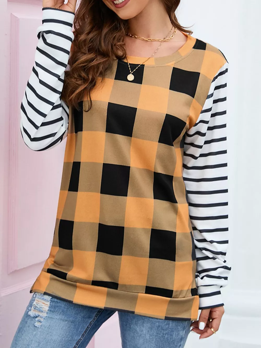 Plaid and Stripe Contrast Long Sleeve T-Shirt, image 6
