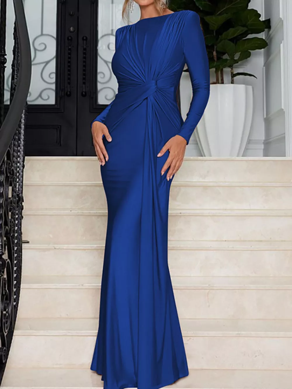 Ruched Knot Front Long Sleeve Maxi Dress, image 2