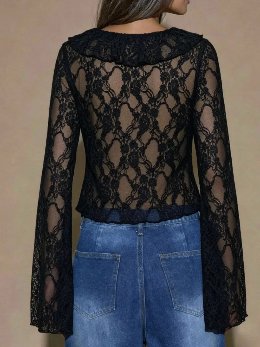 Sheer Lace Ruffle Tie-Front Blouse, image 8