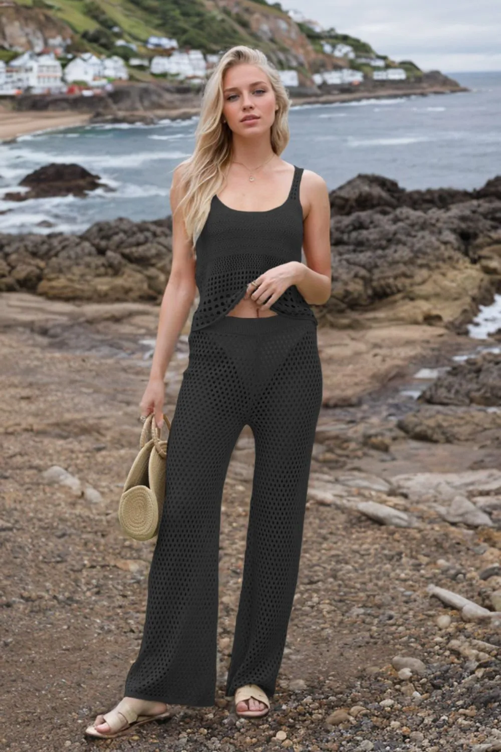 Hollow Out Round Neck Top and Pants Sweater Cover Up Set, image 13
