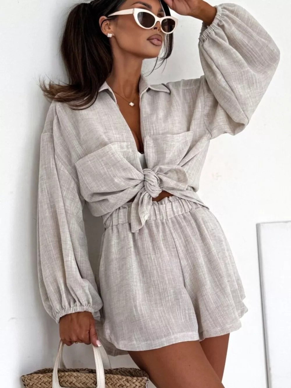 Long Sleeve Shirt and High-Waisted Shorts Set, image 7