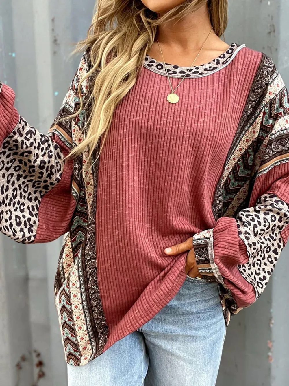Leopard Round Neck Long Sleeve Sweatshirt, image 4
