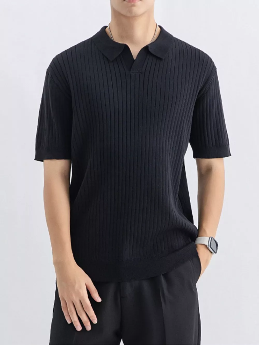 Men's Plus Size Ribbed Knit Short Sleeve Polo, image 3