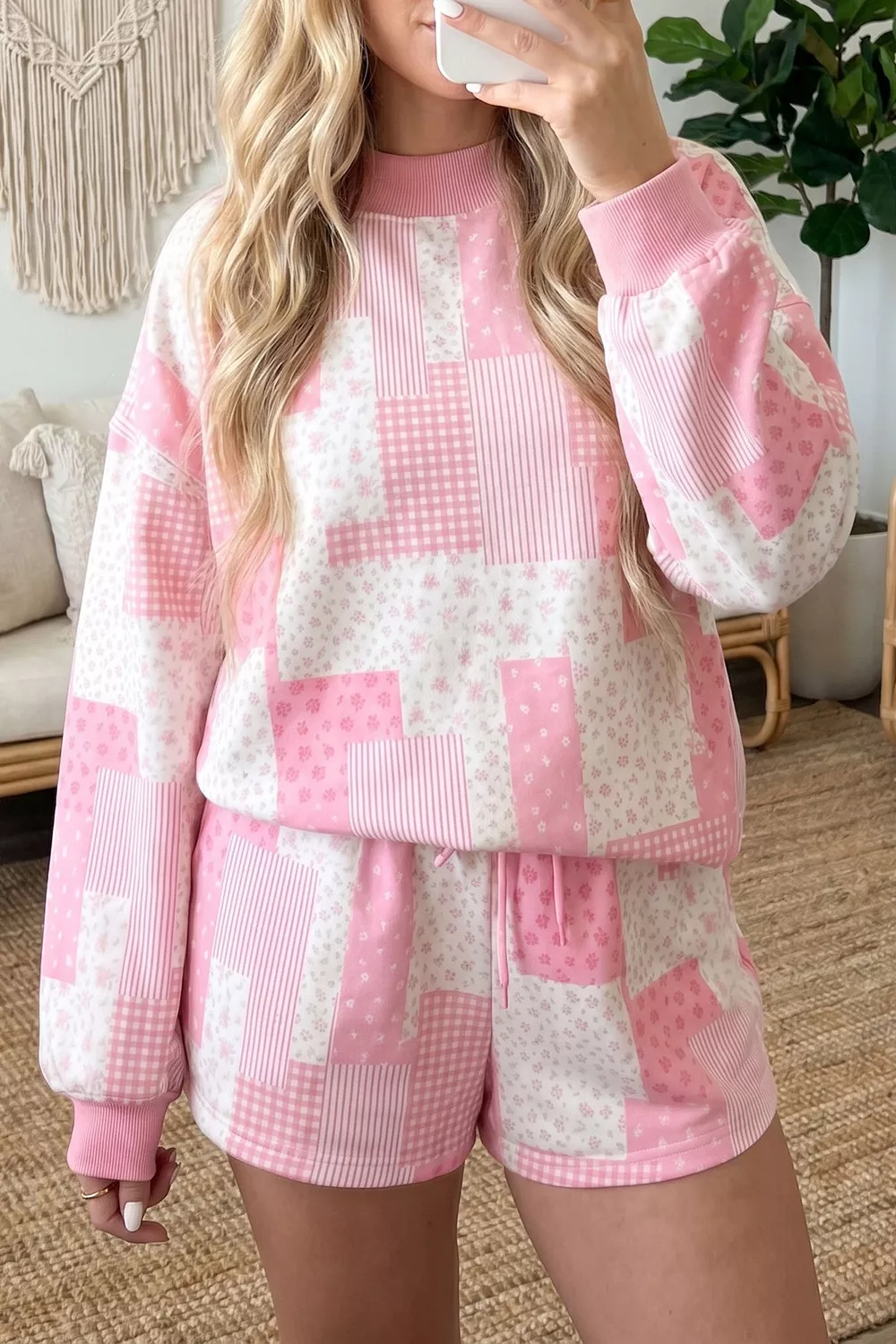 Patchwork Floral Print Drop Shoulder Baggy Pullover Drawstring Shorts Set, image 2
