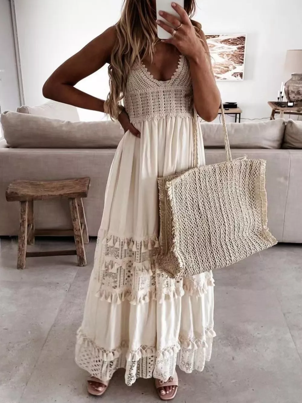 Full Size Bohemian Crochet Trimmed Cami Dress with Tassel Trim Plus Size, image 2