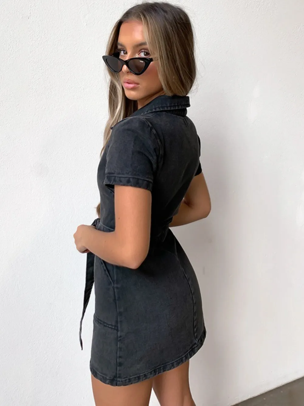 Full Size Zip Front Short Sleeve Denim Dress Plus Size, image 17