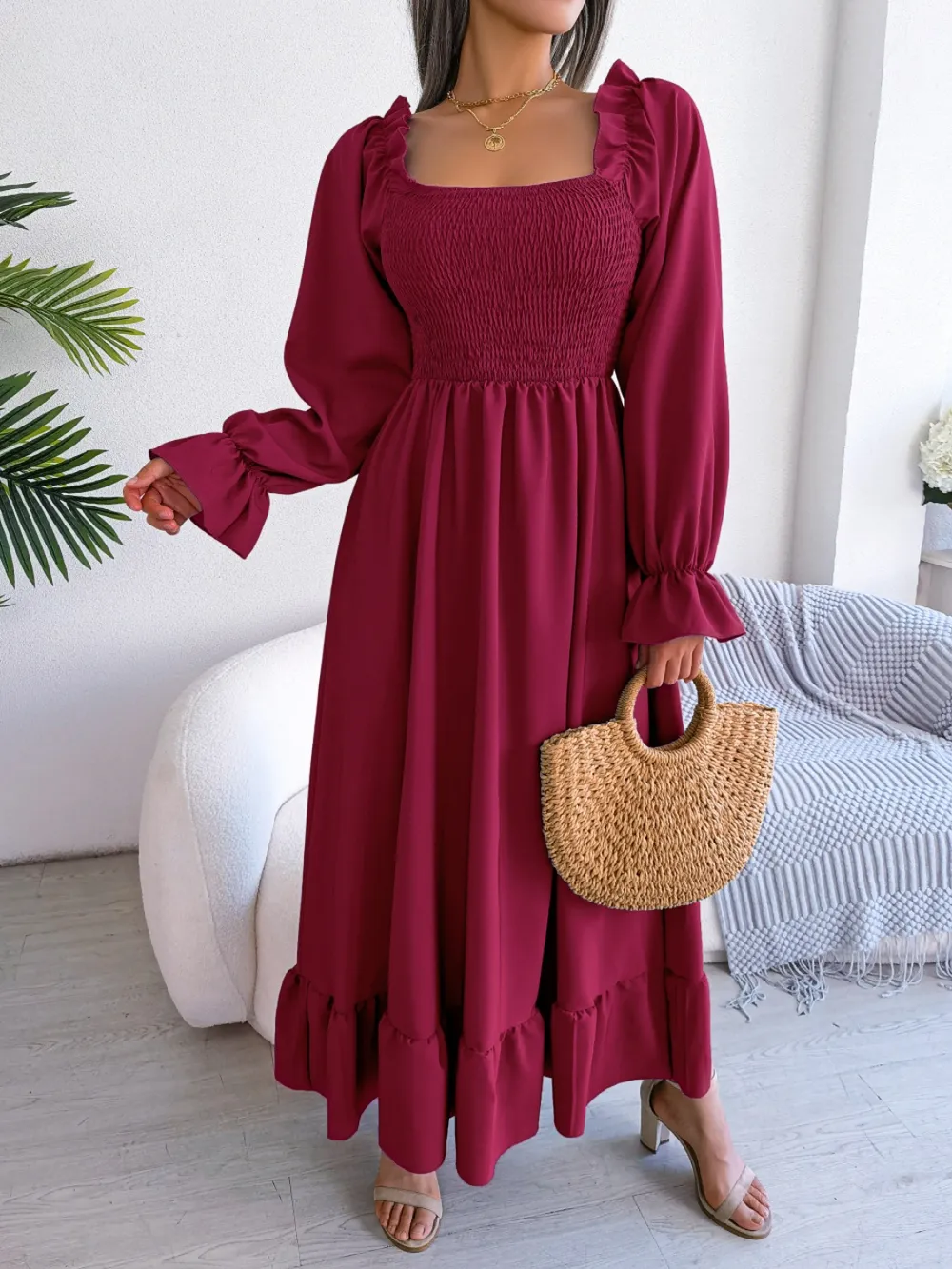 Smocked Square Neck Flounce Sleeve Dress, image 29