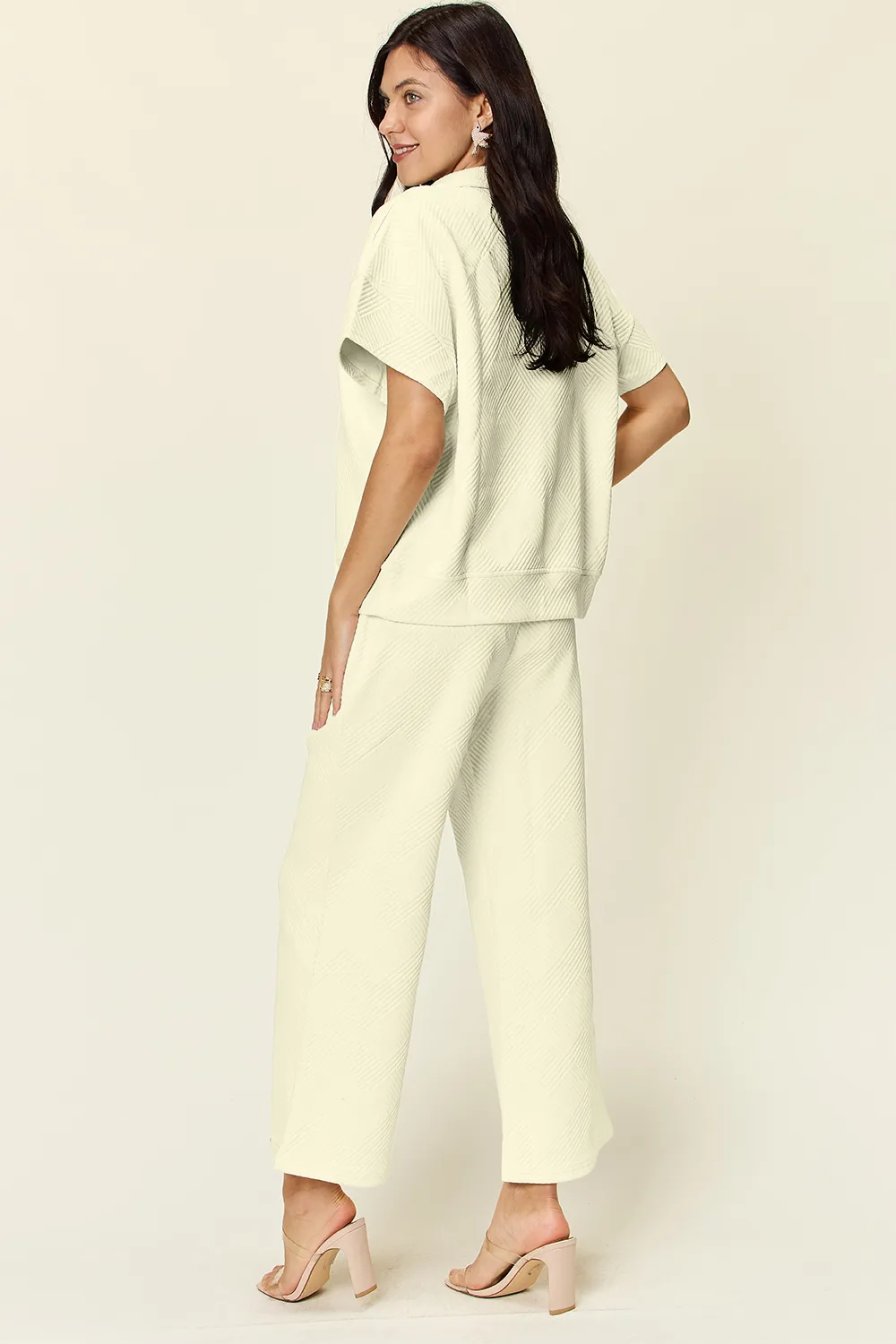 Full Size Texture Half Zip Short Sleeve Top and Pants Set, image 16
