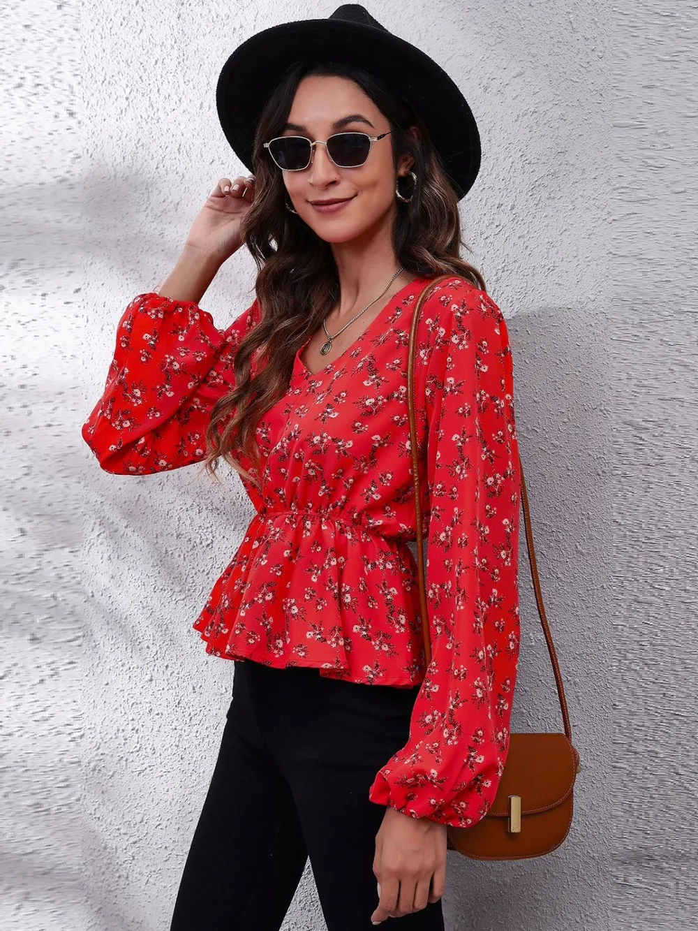 Ruched Printed V-Neck Long Sleeve Blouse, image 33