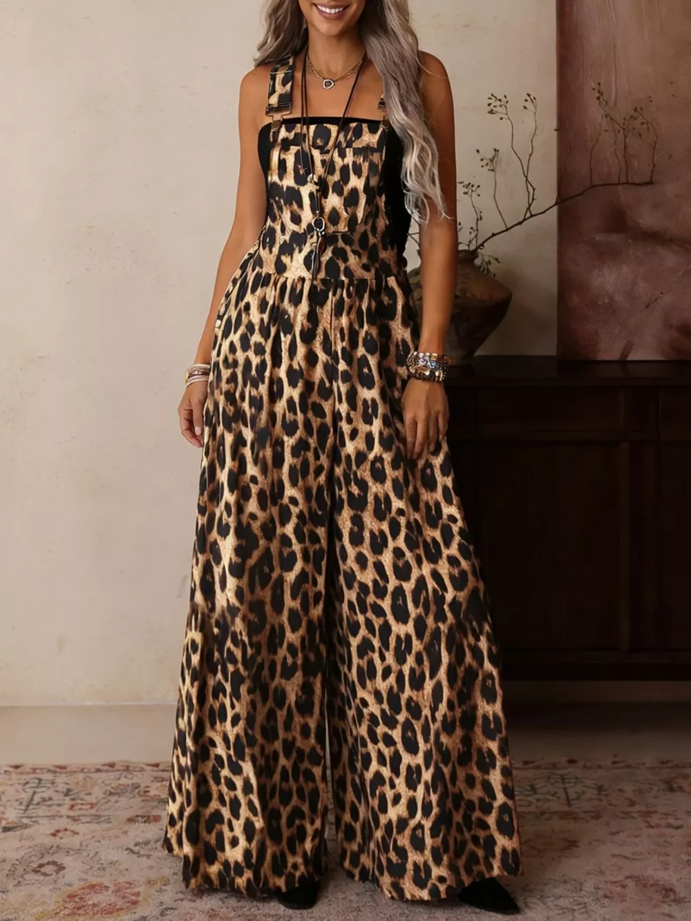 Leopard Print Wide Leg Overalls, image 5