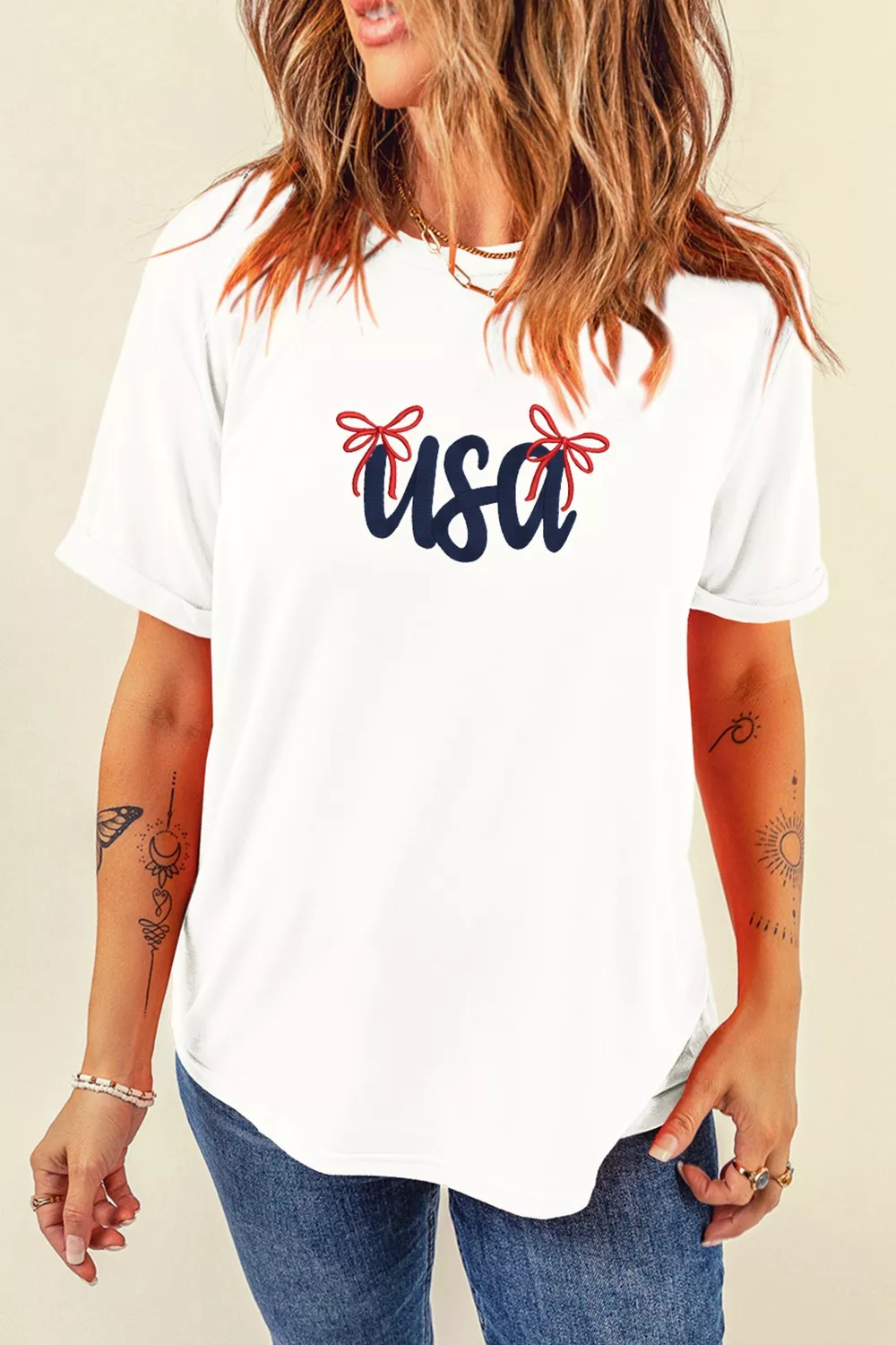 USA Lettering Bow Embroidered T Shirt, image 3