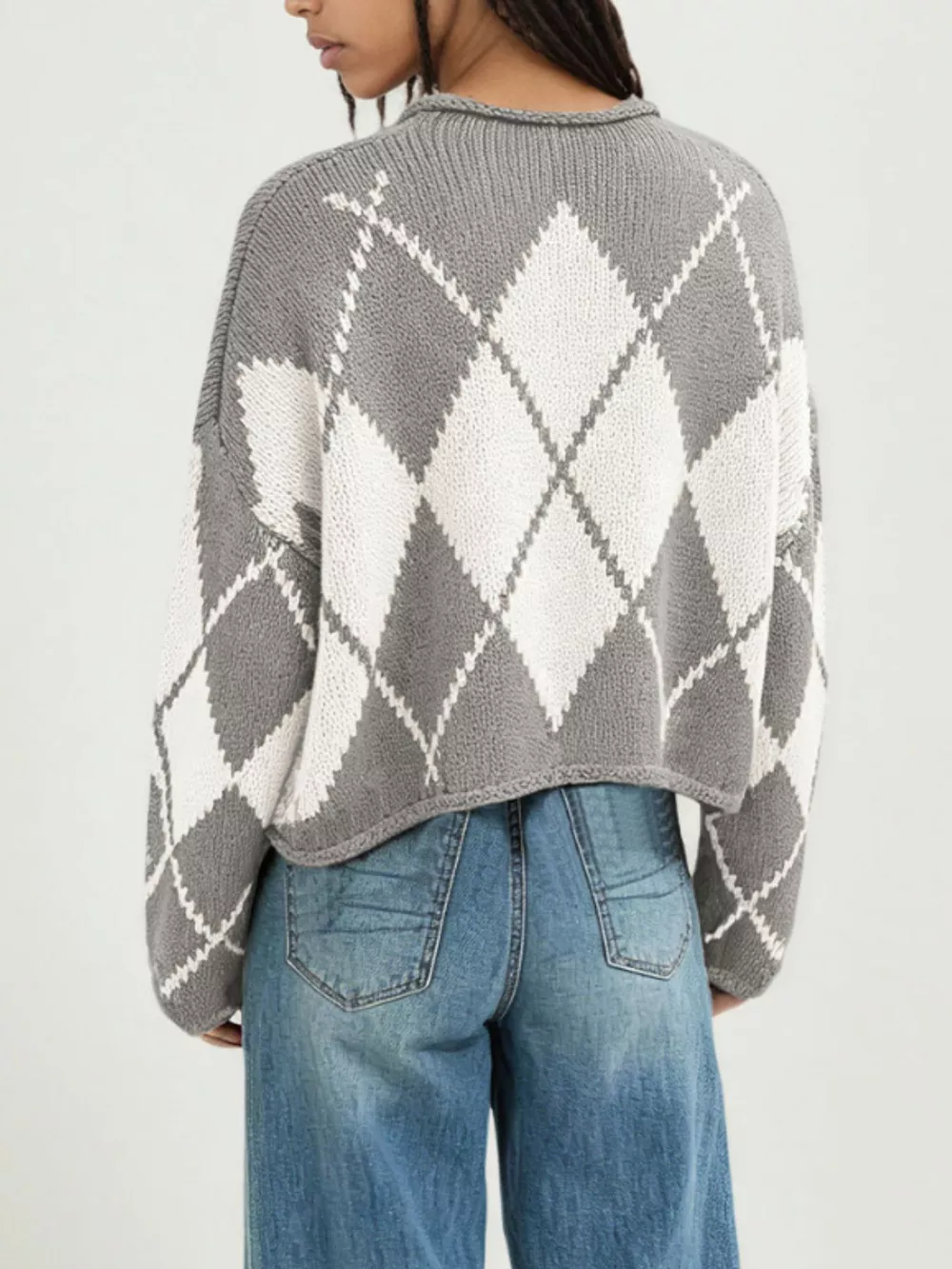 Argyle Pattern Knit Dropped Shoulder Sweater, image 10